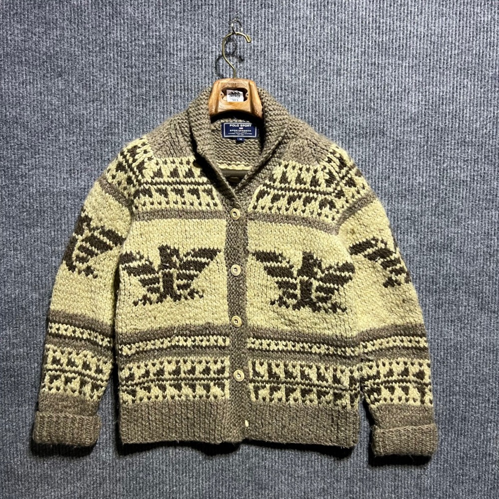 Vintage Polo Sport Cardigan Women M Brown Thunderbird Flag Wool Mohair Hand Knit